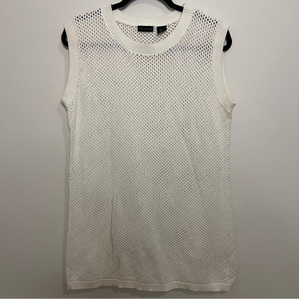 Tahari White Sleeveless Knit Tank Top Boho Summer Beach Crochet Swim Bohemian